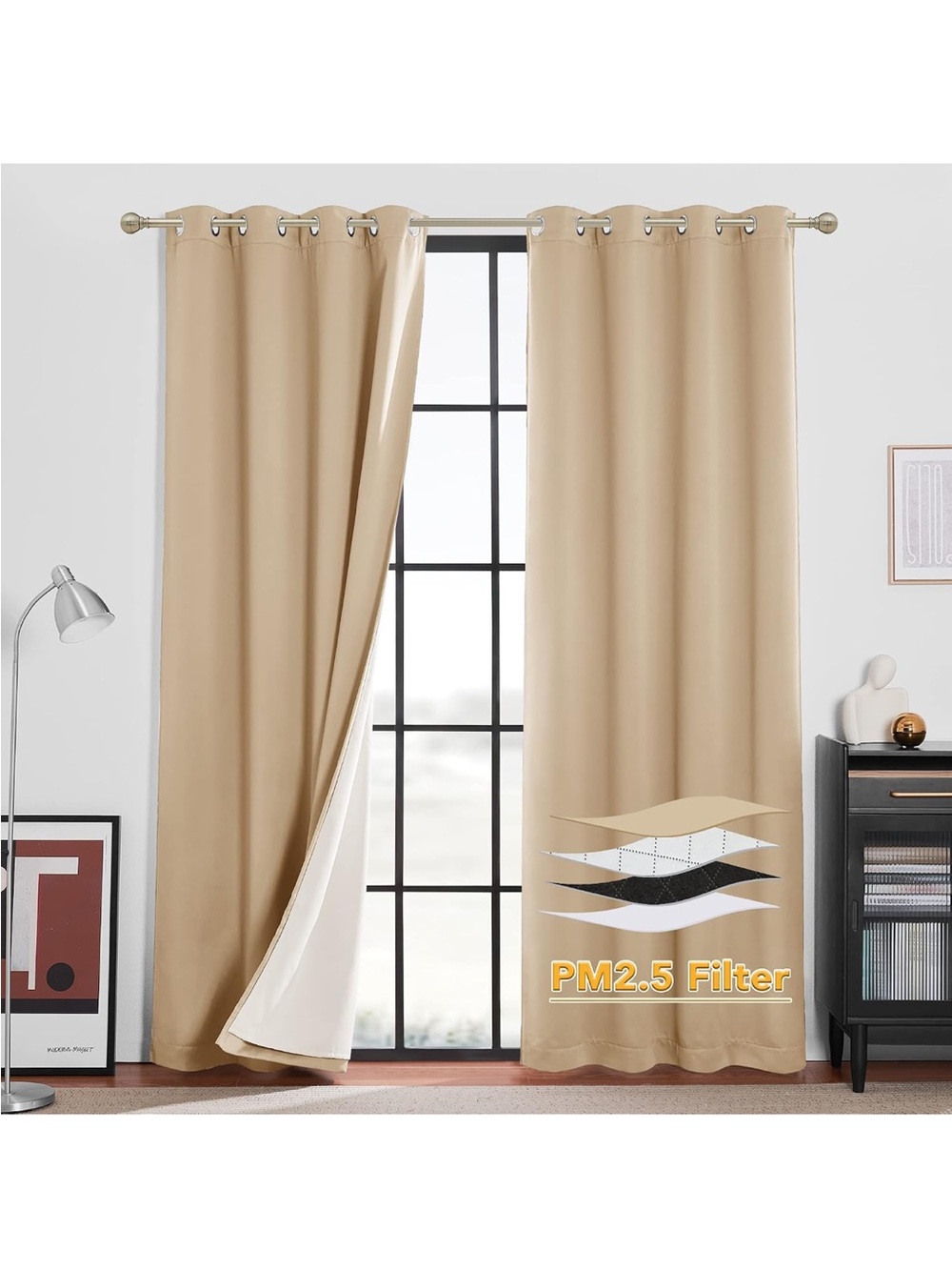 New Open Box 2pan W52”xL108” Beige RYB 100% Blackout Curtains Noise Reducing